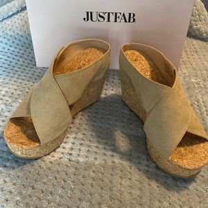 Just fab, cork platform wedge sandals, in natural beige size 6 adjustable Eda